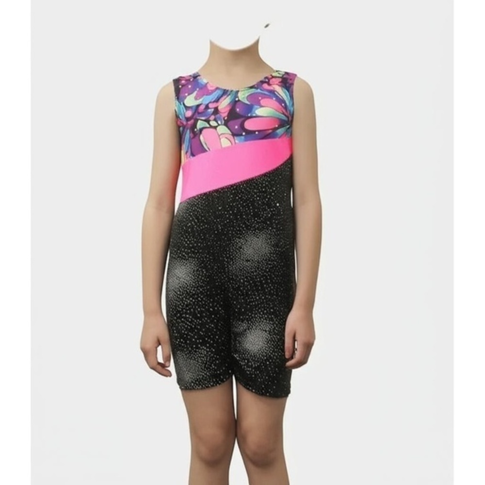 Kids Unitard Multicolor Pink Black Sleeveless Shorts Sparkle Gymnastics Athletic
